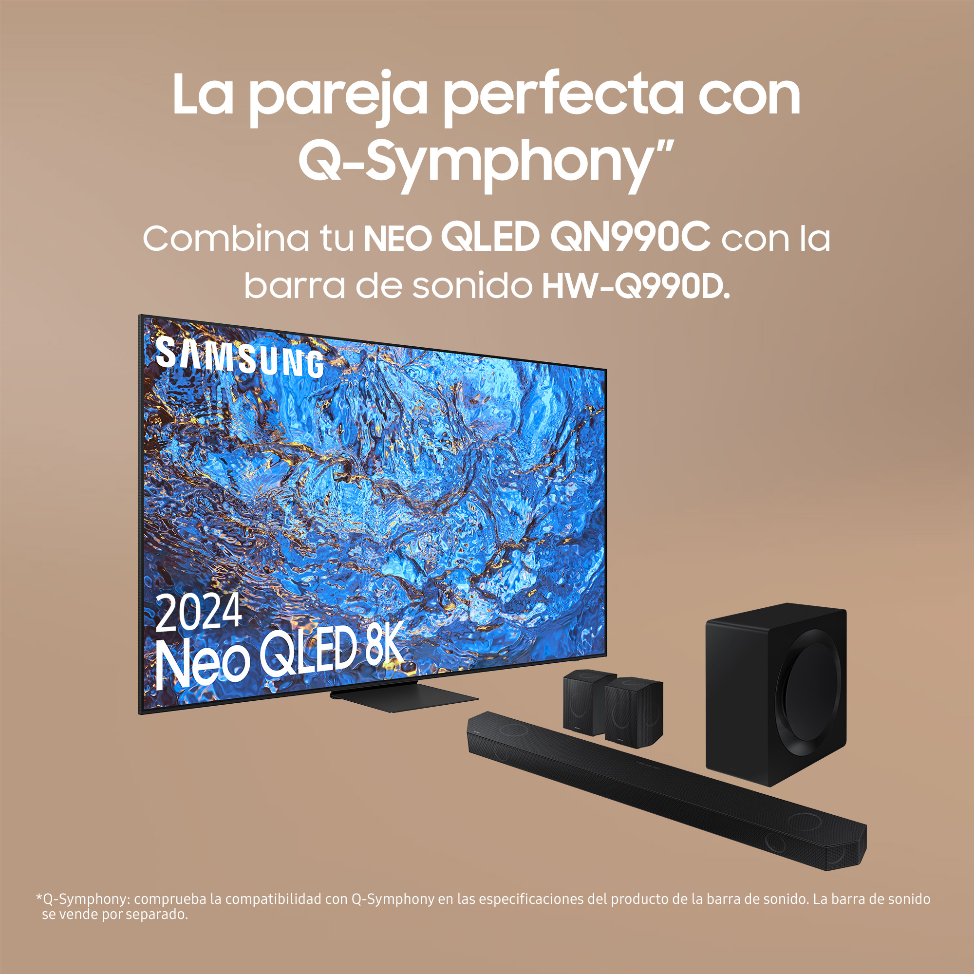 Un televisor y una barra de sonido con superposición de texto.