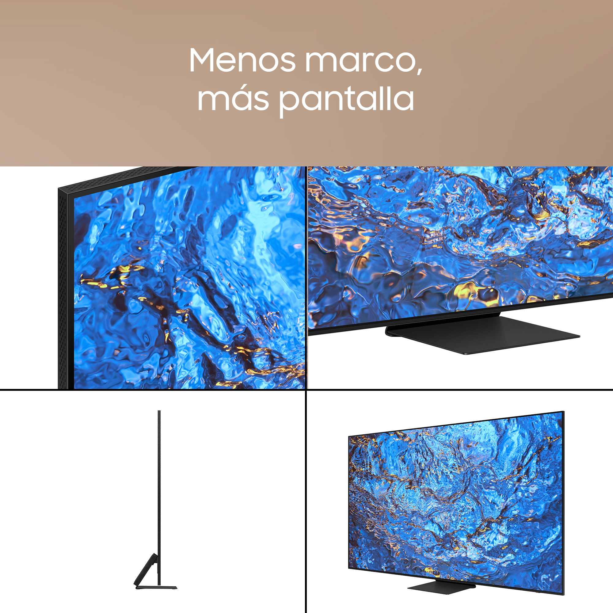 Cuatro vistas de un televisor negro. La pantalla muestra agua azul. El texto dice 'Menos marco, más pantalla'.