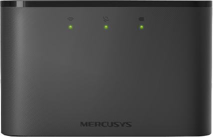 Egy fekete router, három zöld jelzőfénnyel, elölről nézve.