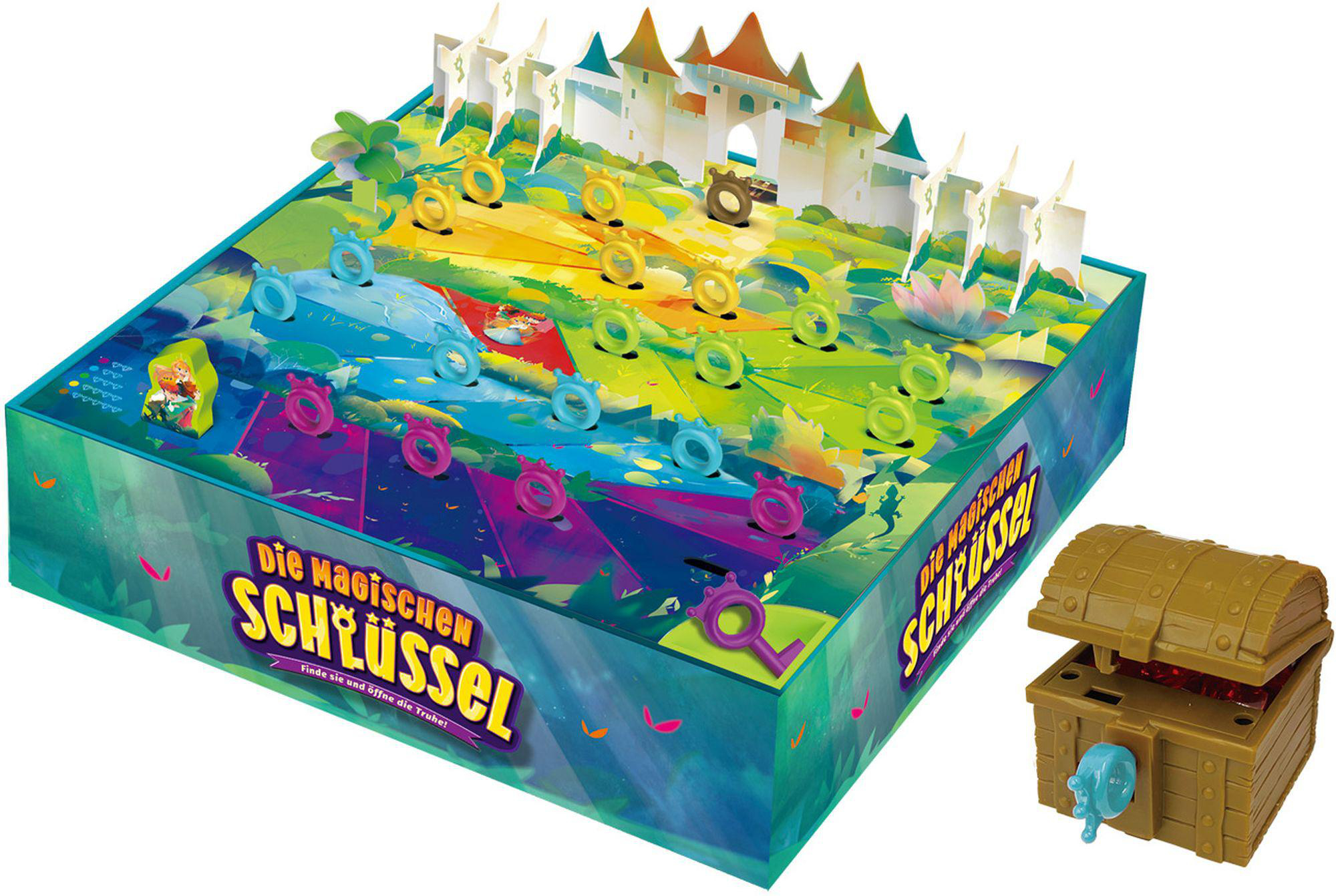 Ein Brettspiel mit Burg, Schlüsseln und Schatzkiste auf einem bunten Brett.