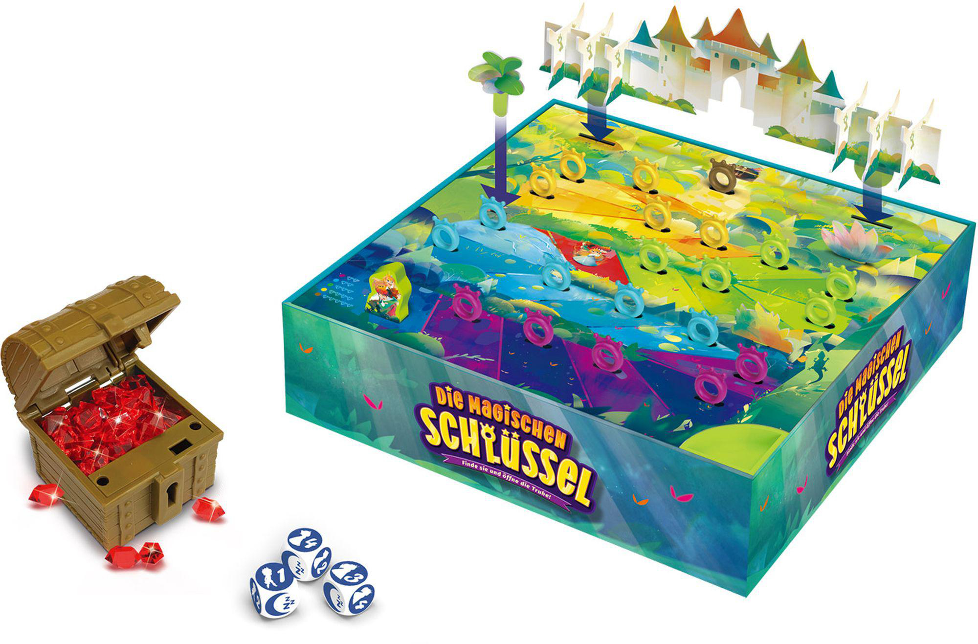 Ein Spielbrett mit einer Schatzkiste und Würfeln.