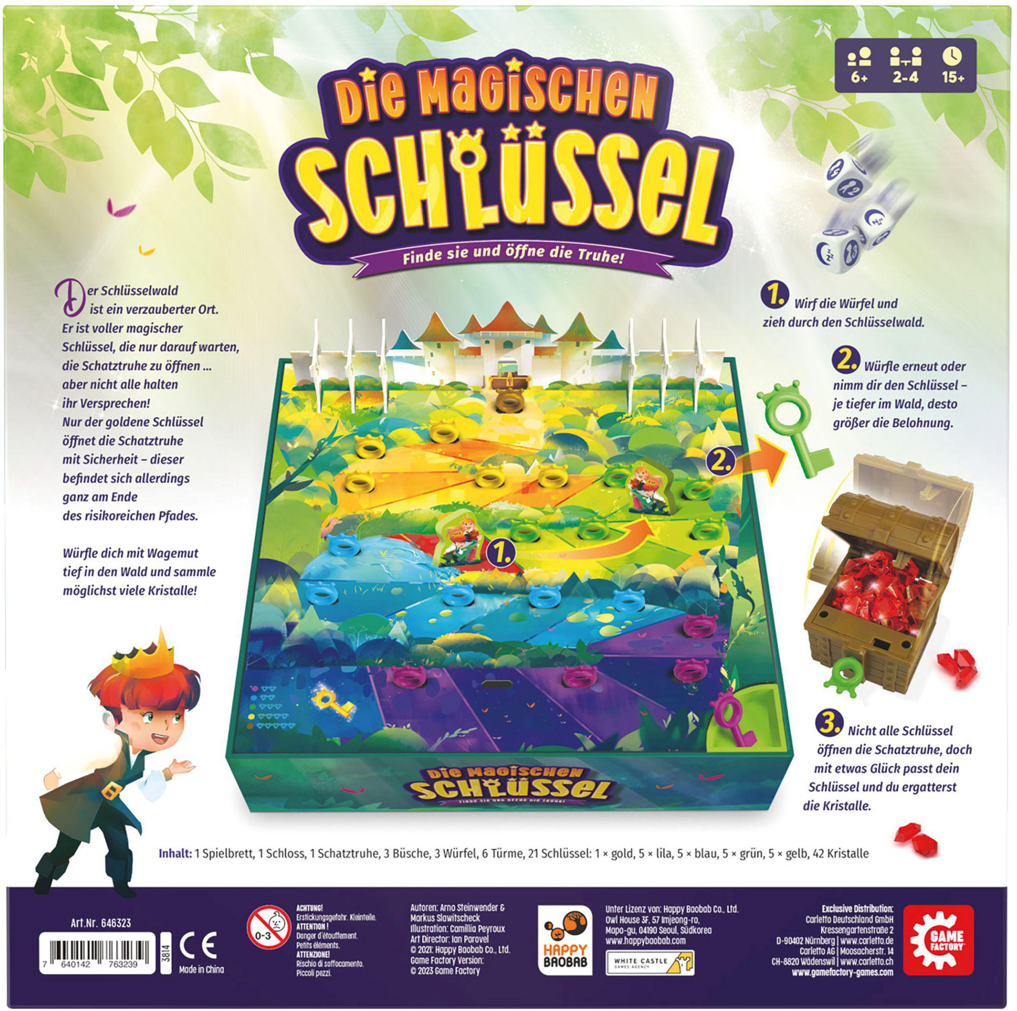 Eine Spielkarton mit Comicfiguren und einem Schloss. Der Name des Spiels lautet 'Die magischen Schlüssel'.