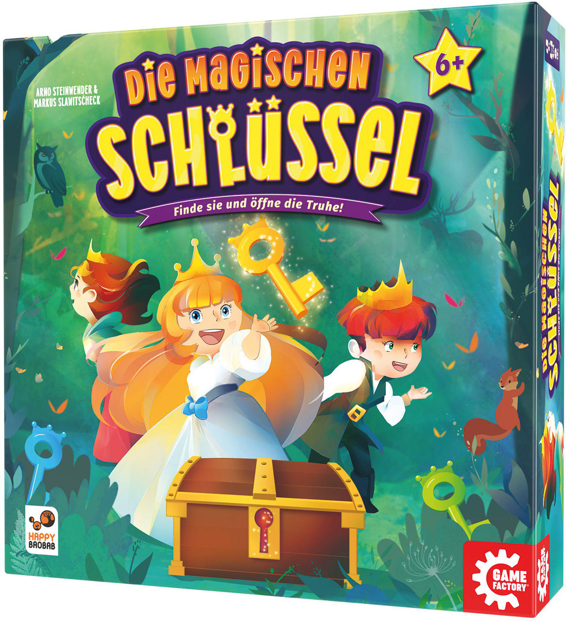 Brettspielbox mit dem Titel 'Die magischen Schlüssel'. Zeigt Cartoonfiguren, eine Truhe und Schlüssel.