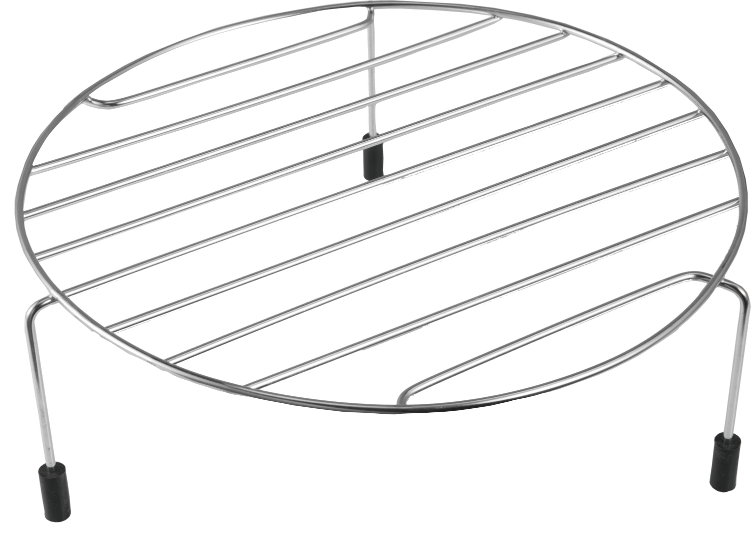 Rejilla de enfriamiento de metal plateado con patas de soporte sobre un fondo negro. La rejilla es circular.