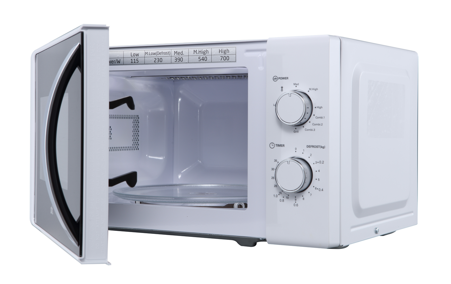 Horno microondas blanco con puerta abierta, controles visibles, sobre un fondo blanco.
