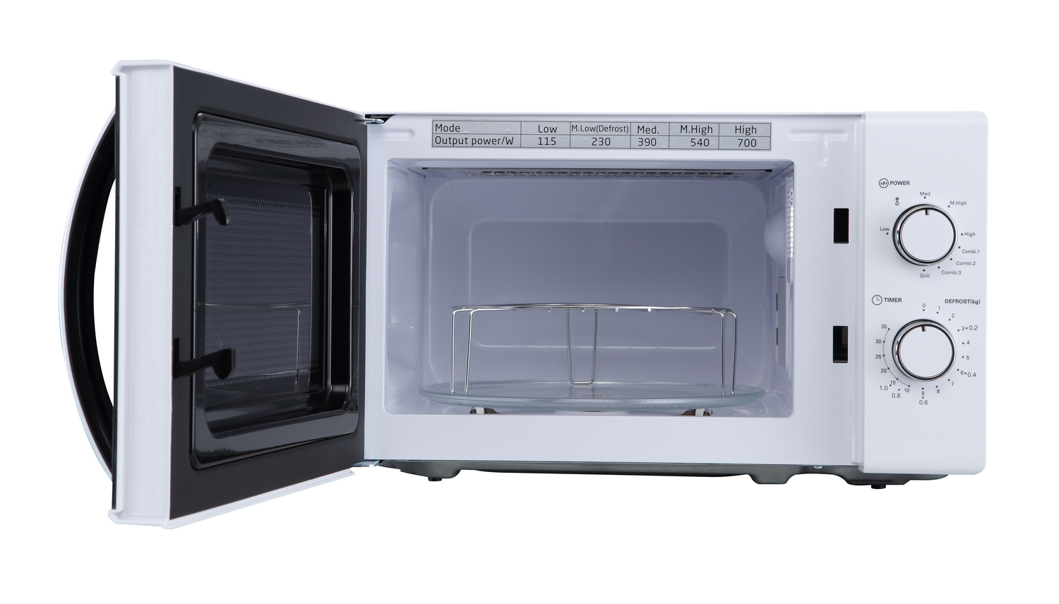 Microondas blanco, abierto. Interior con plato giratorio de vidrio y rejilla metálica. Panel de control a la derecha. Puerta abierta.