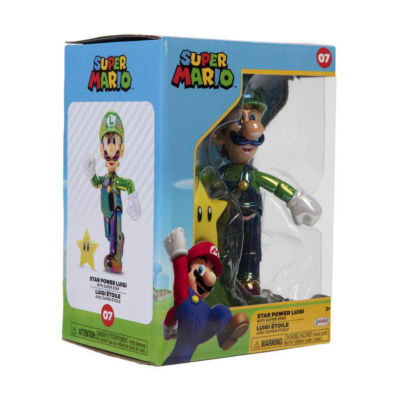 Eine Super Mario-Spielzeugverpackung. Es zeigt Luigi mit einem Stern, mit dem Text der Box.