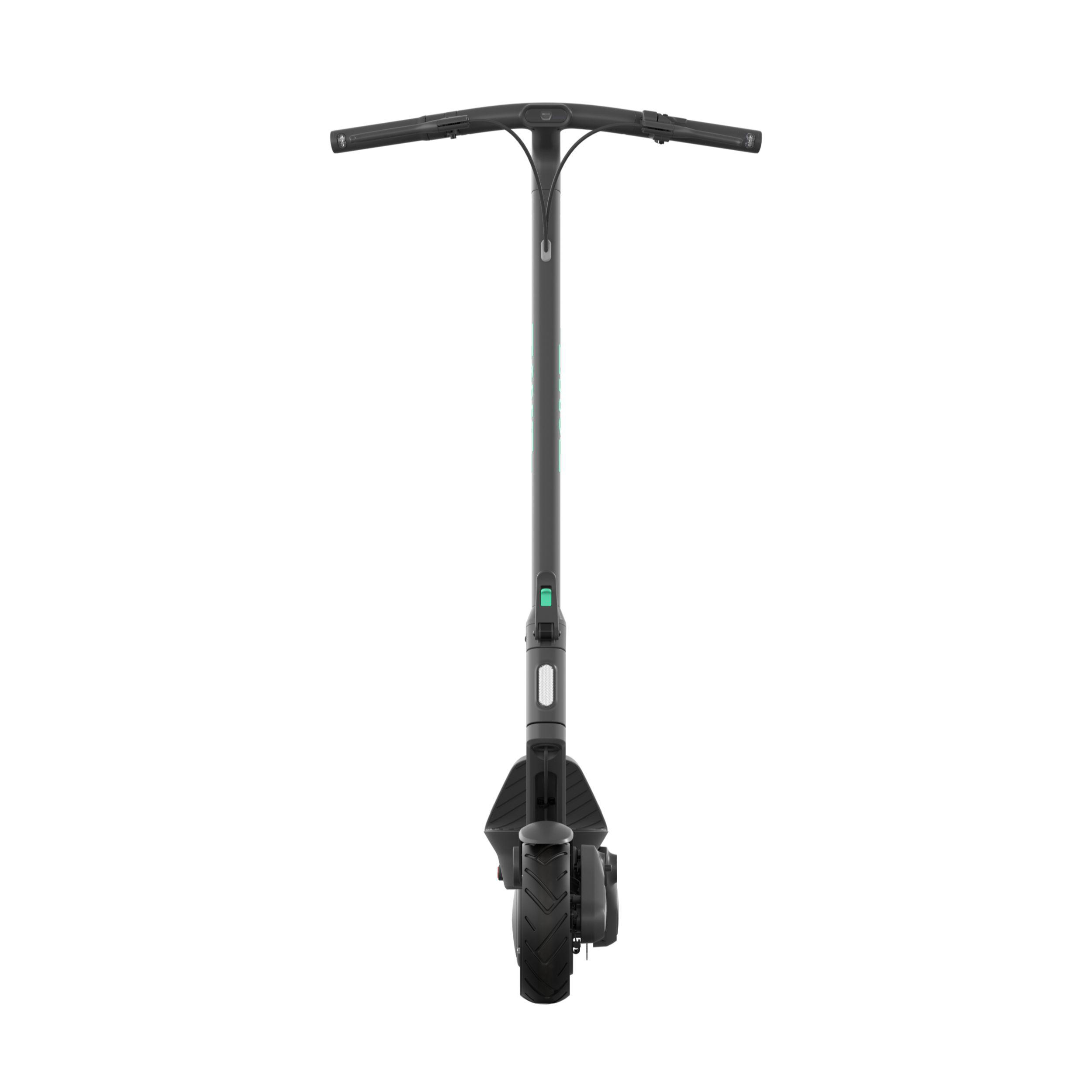 Schwarzer Elektroroller, von vorne gesehen. Lenker, Stange und Rad sind sichtbar.