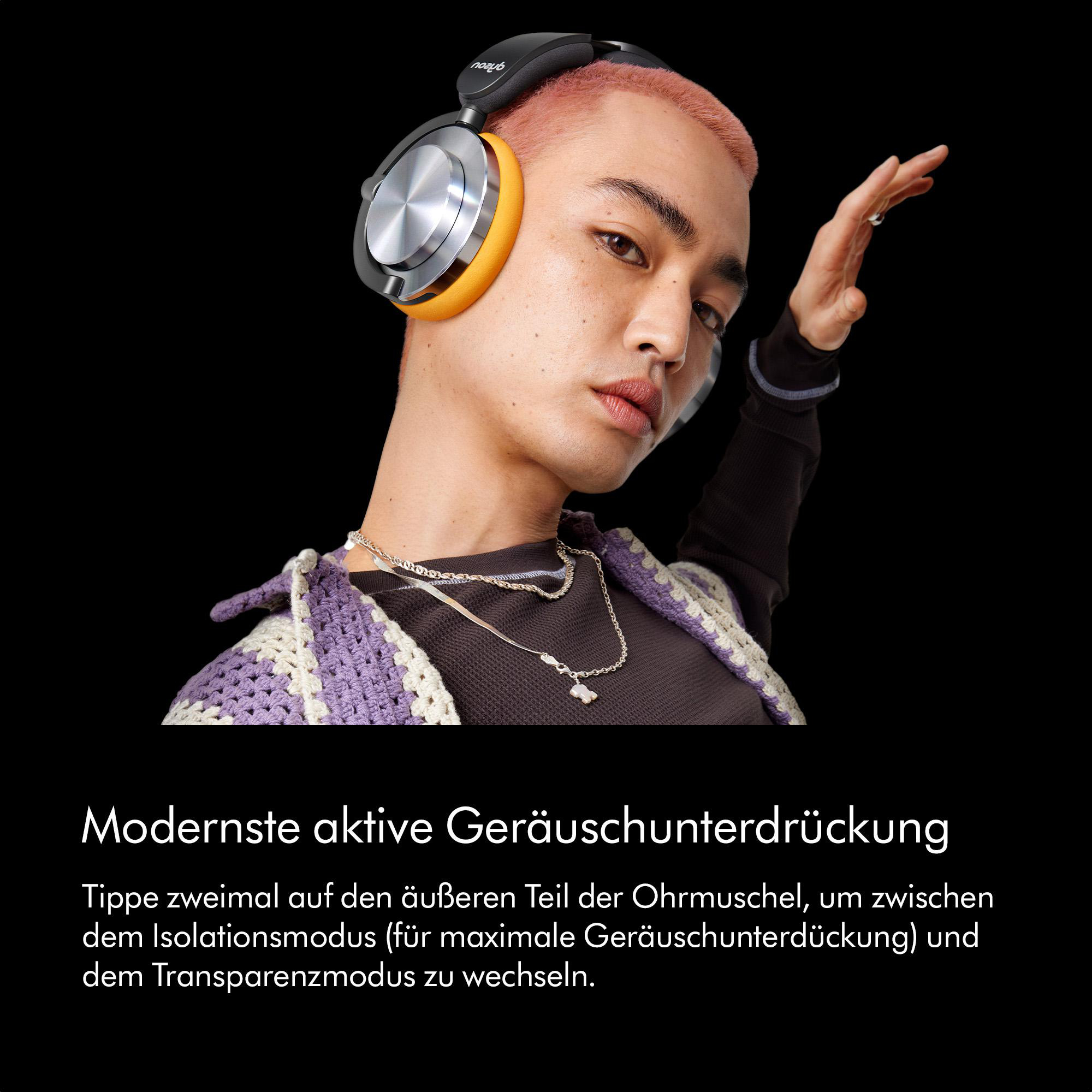 Mann mit Kopfhörern, Text über Geräuschunterdrückung.