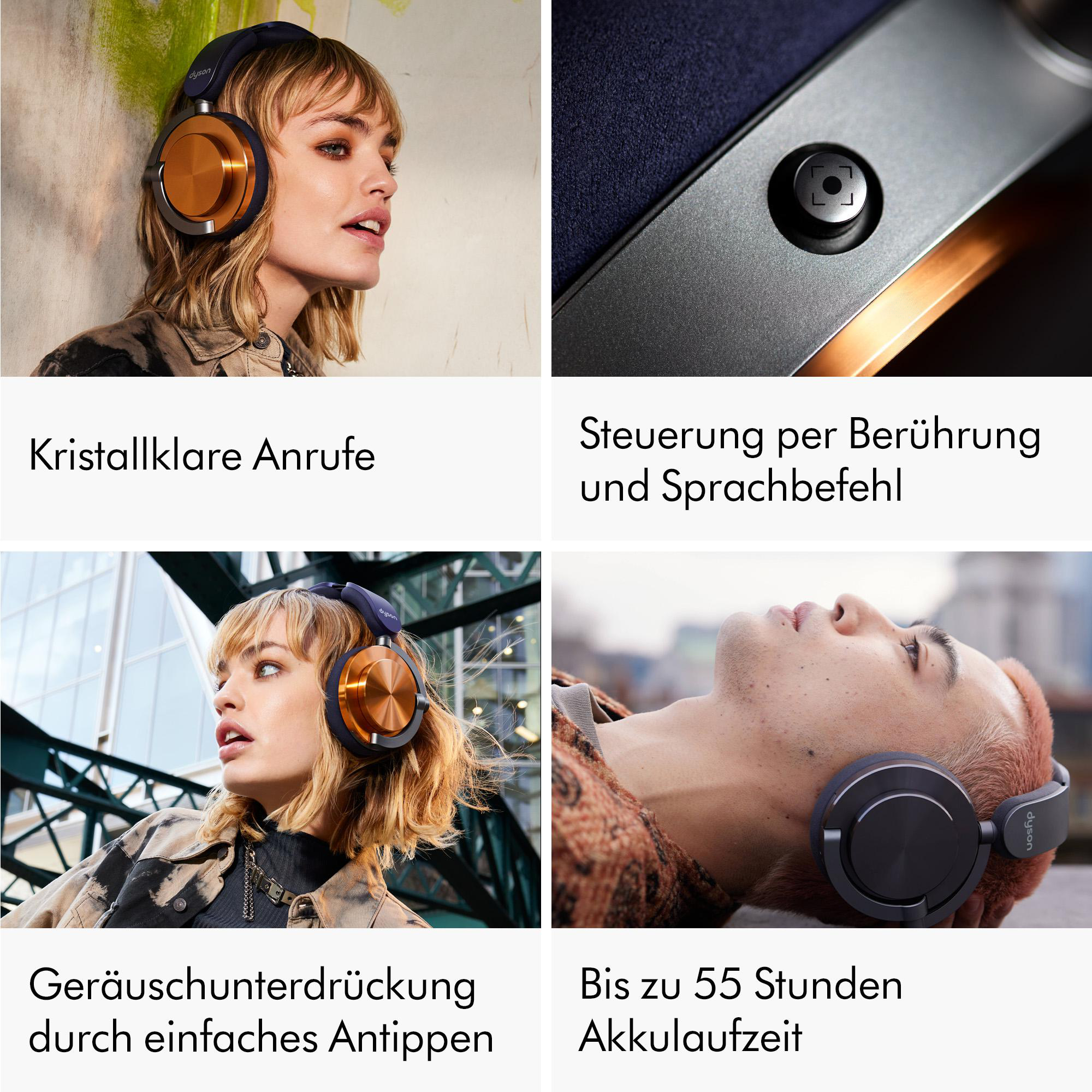 Vier Bilder zeigen Kopfhörer mit Funktionen wie Geräuschunterdrückung.