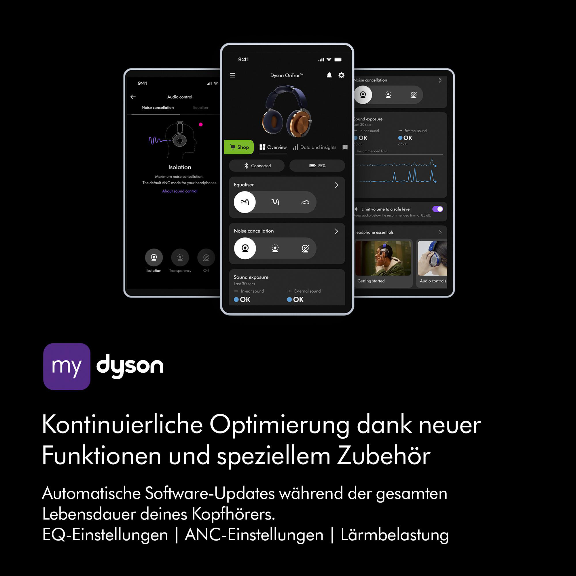 Drei Telefonbildschirme mit App-Oberfläche für Dyson-Kopfhörer, Text auf Deutsch.