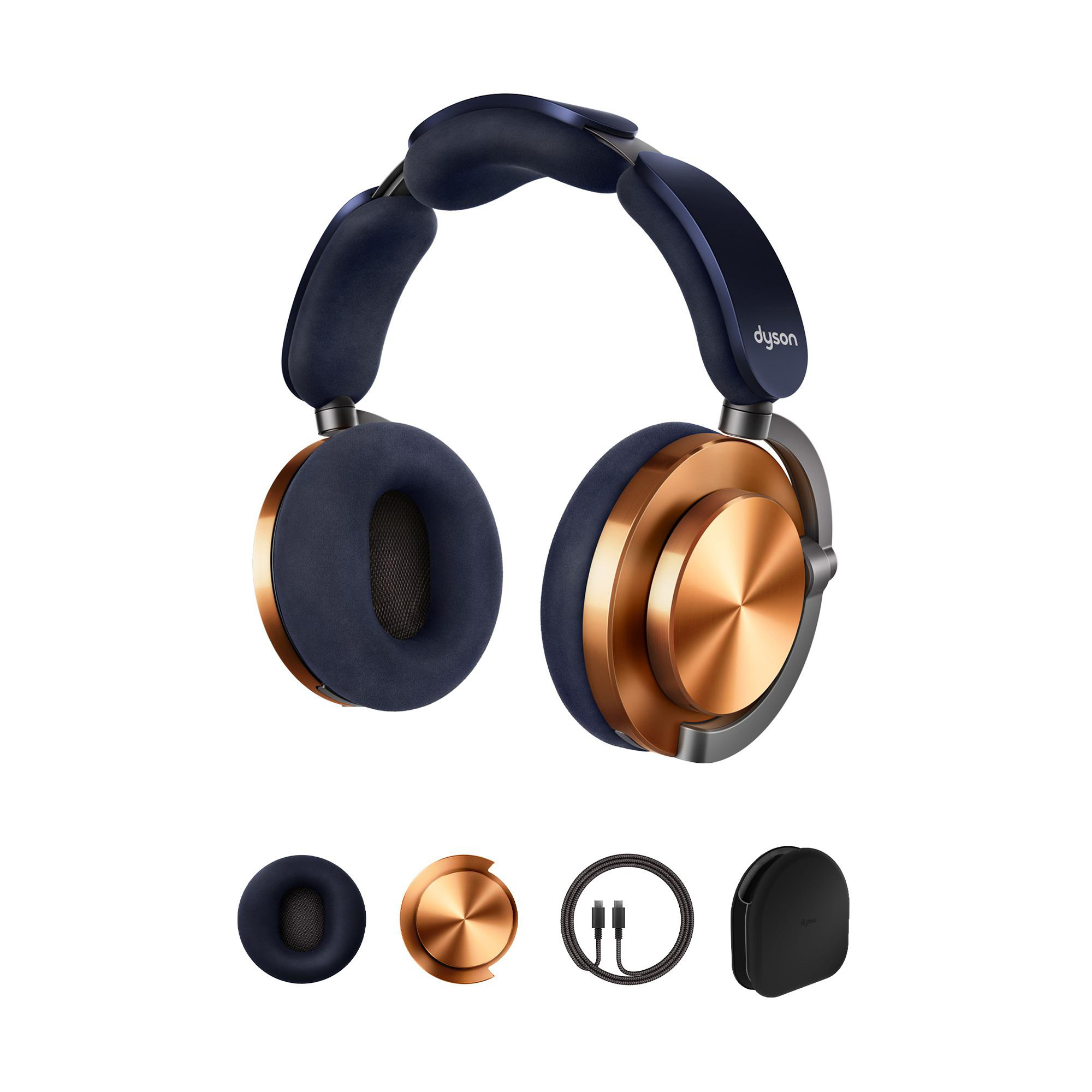 Over-Ear-Kopfhörer in Marineblau und Kupferfarbe mit zusätzlichen Teilen.