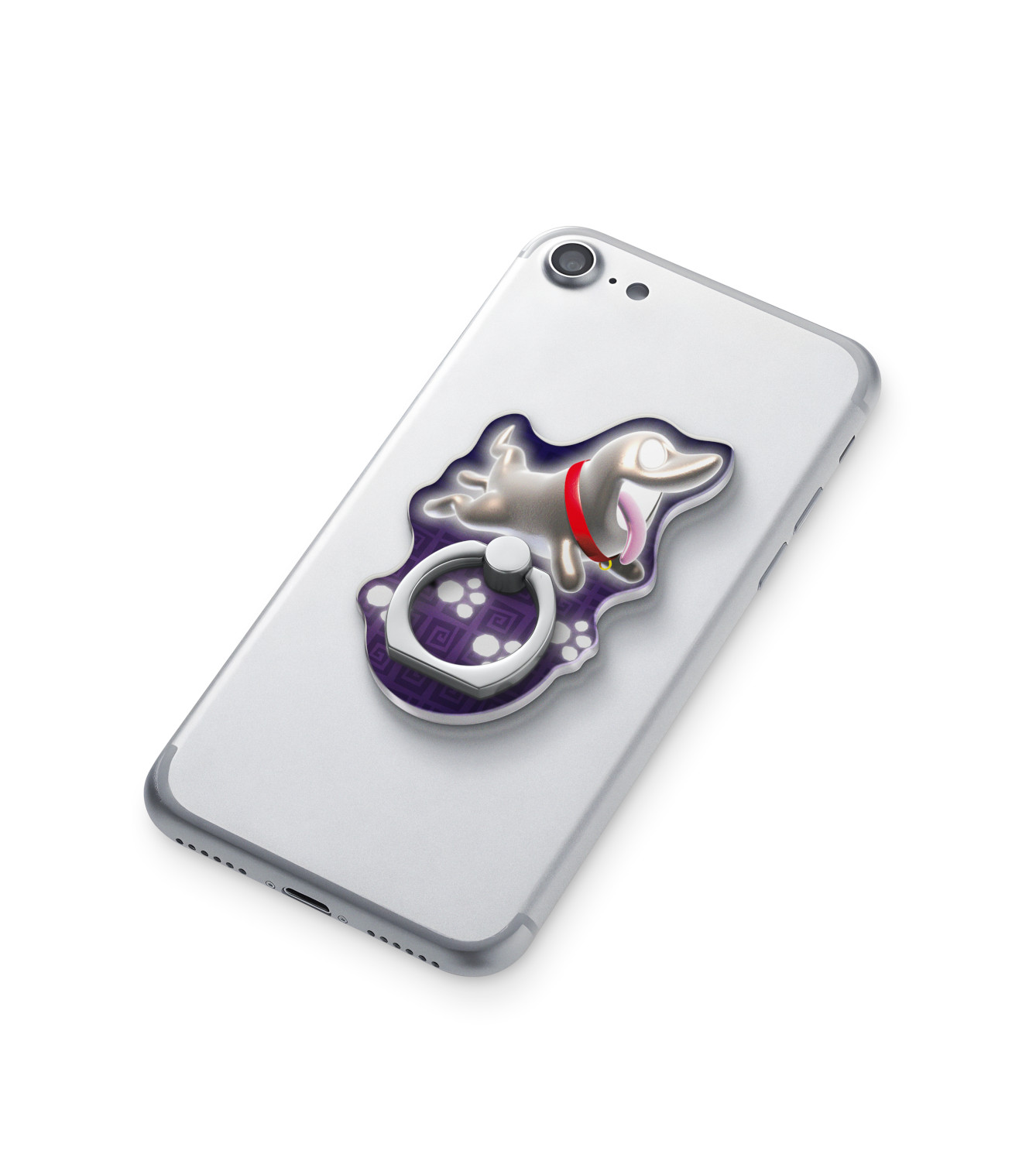 Silver phone with a dog-shaped phone ring holder. The dog is white with a red collar on a purple base.