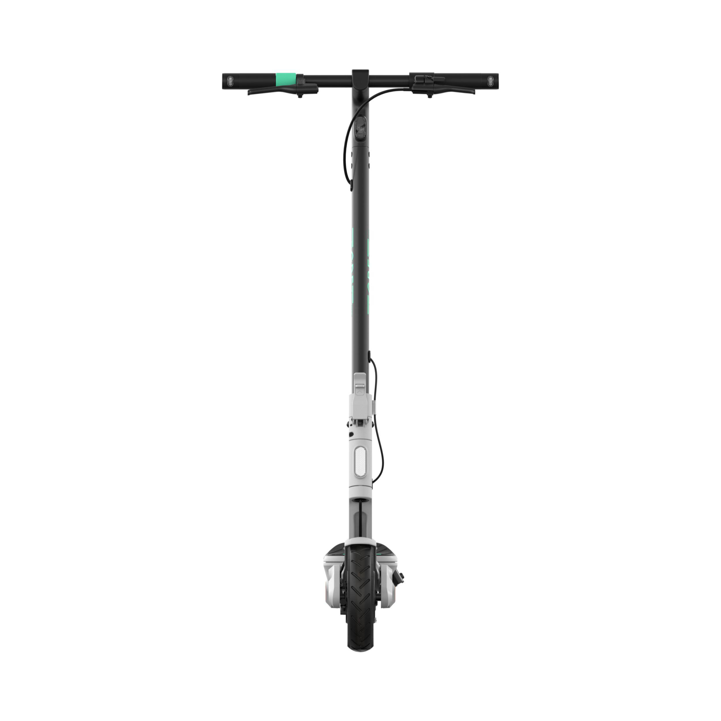 Schwarz-weißer Elektroroller von vorne, auf weißem Hintergrund.