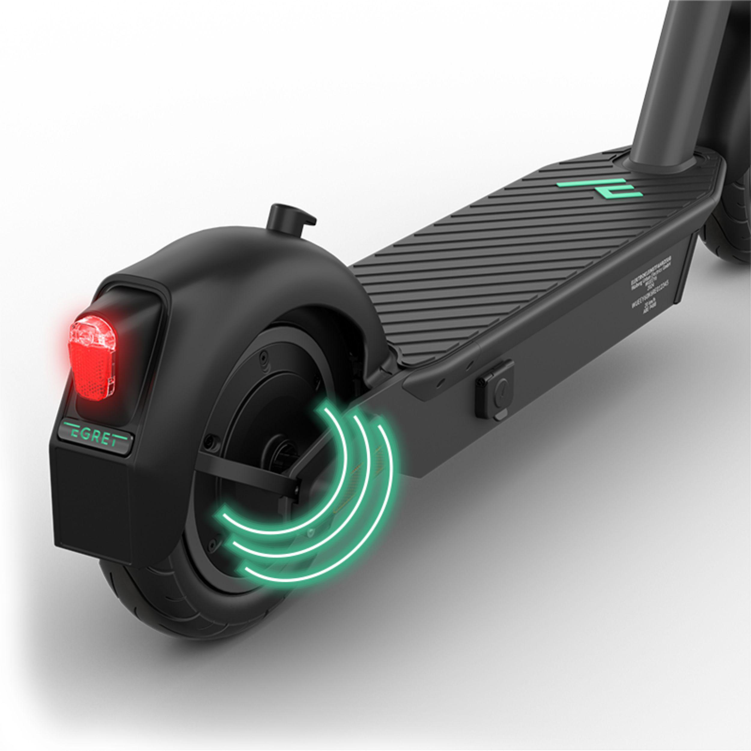 Schwarzer Elektroroller mit rotem Rücklicht und grünen Lichtwellen.
