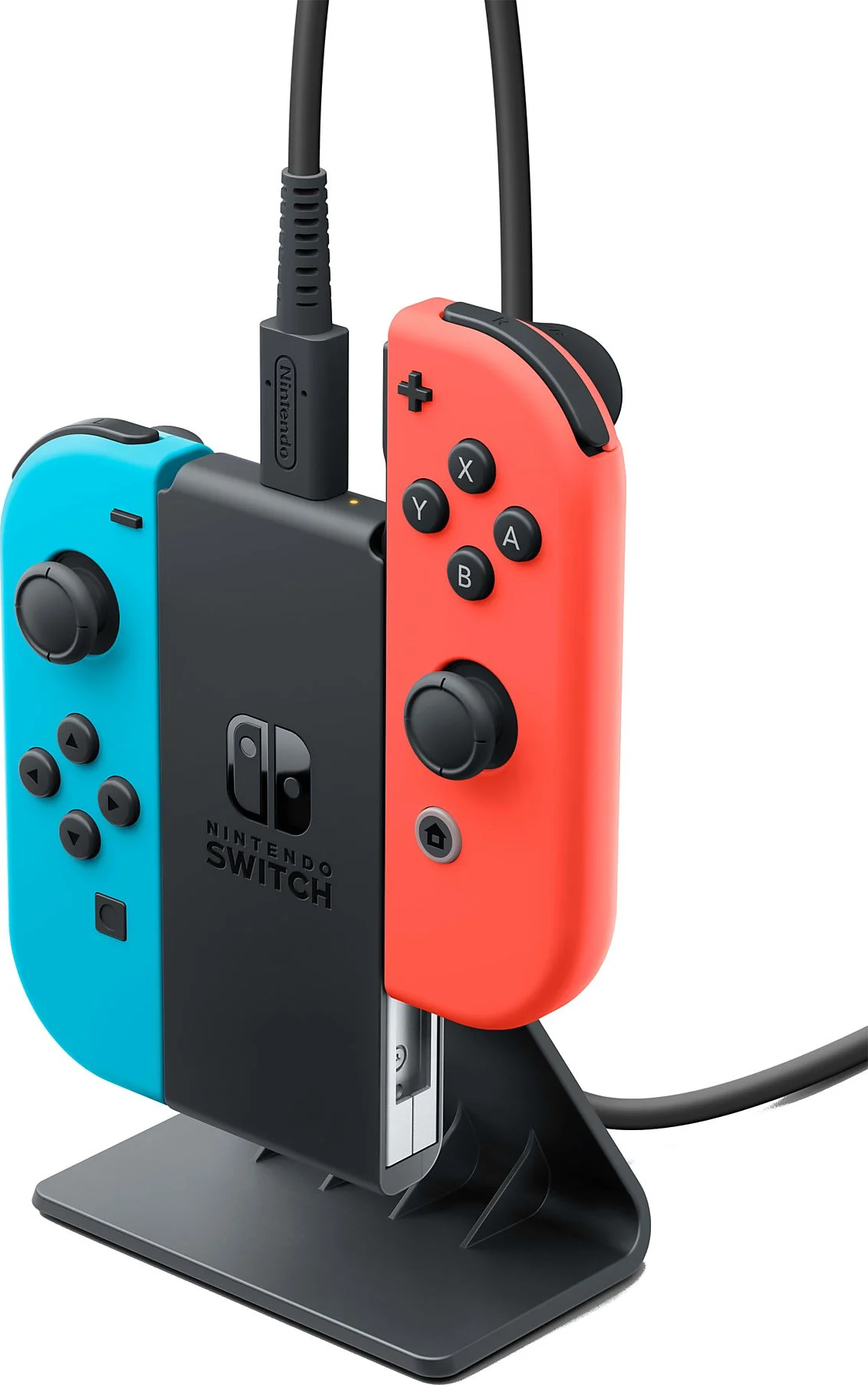 Eine Nintendo Switch Ladestation mit blauen und roten Joy-Con-Controllern und Ladekabel.