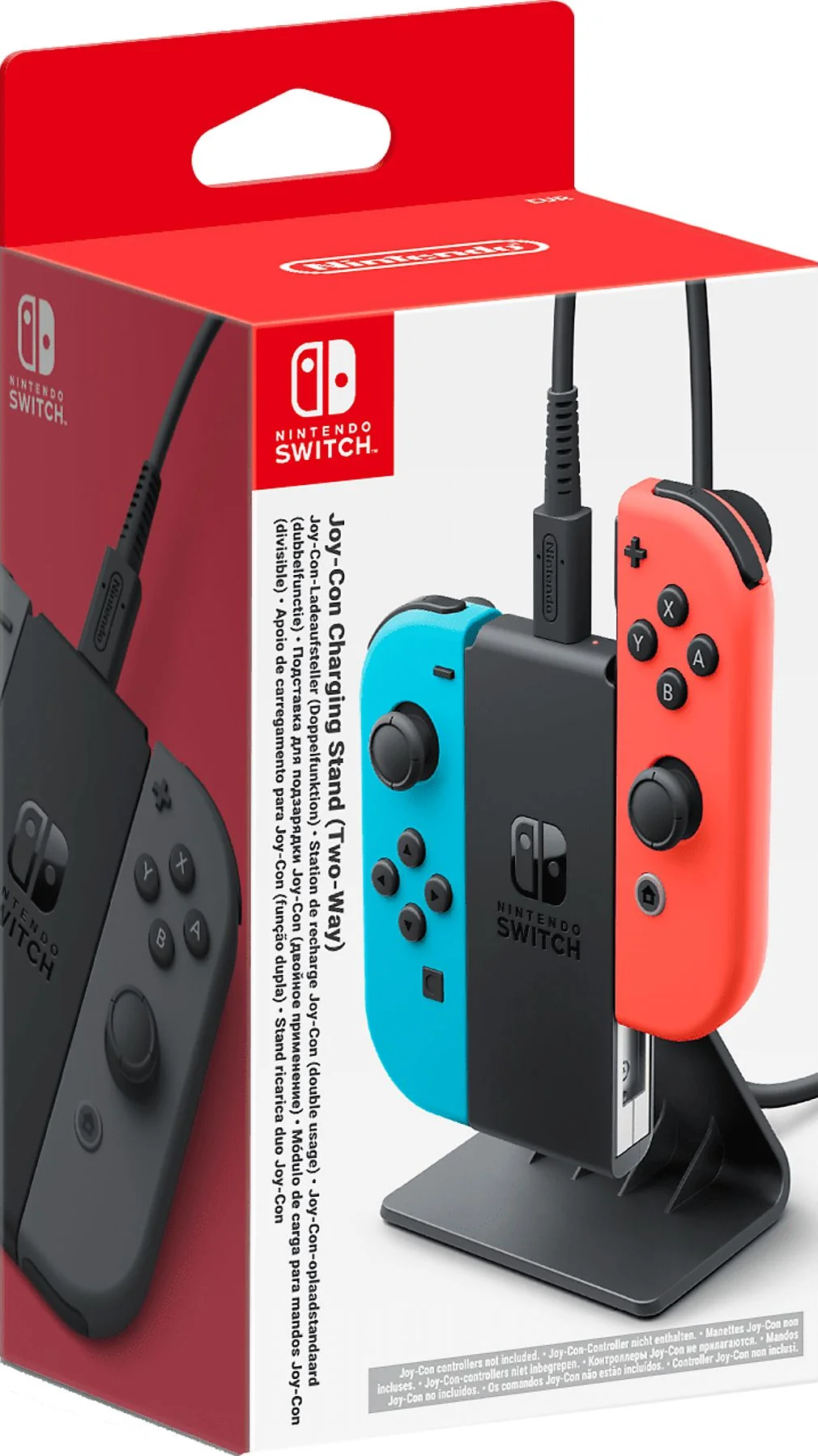 Nintendo Switch Joy-Con Ladestation, mit Controllern und Ladegerät sichtbar.