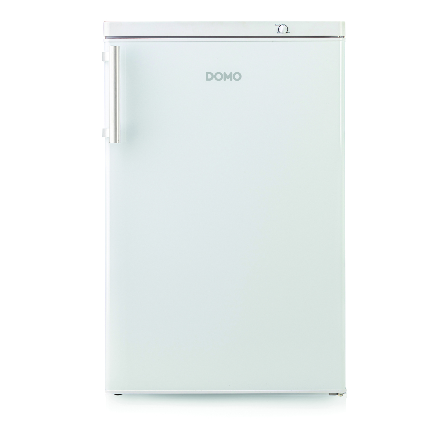 Un réfrigérateur blanc avec le mot "DOMO" imprimé.