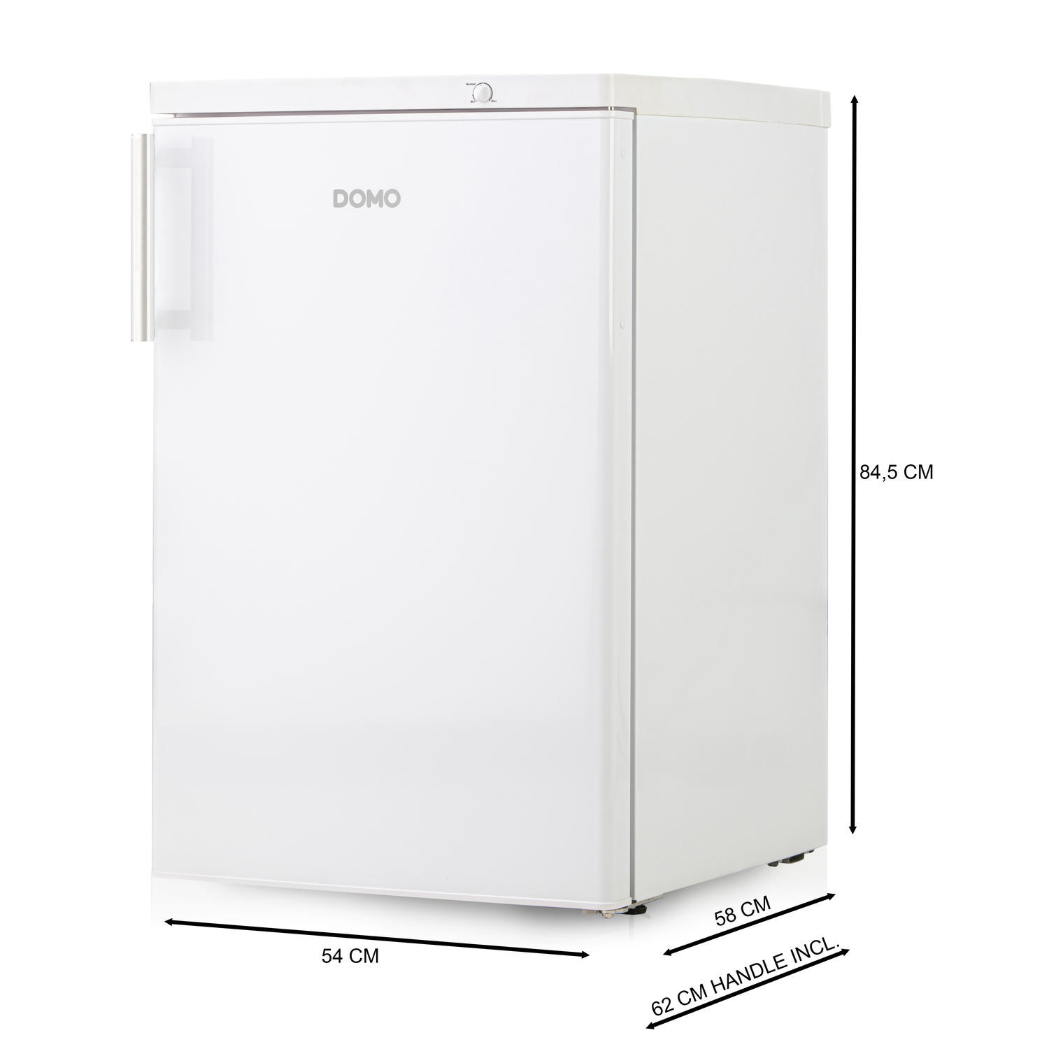 Un congélateur vertical blanc avec la marque DOMO. Les dimensions de hauteur et de largeur sont fournies.