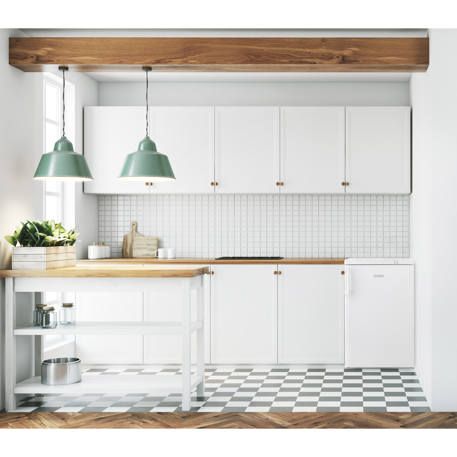 Cuisine lumineuse avec placards blancs, comptoir en bois, sol à carreaux et suspensions vertes.