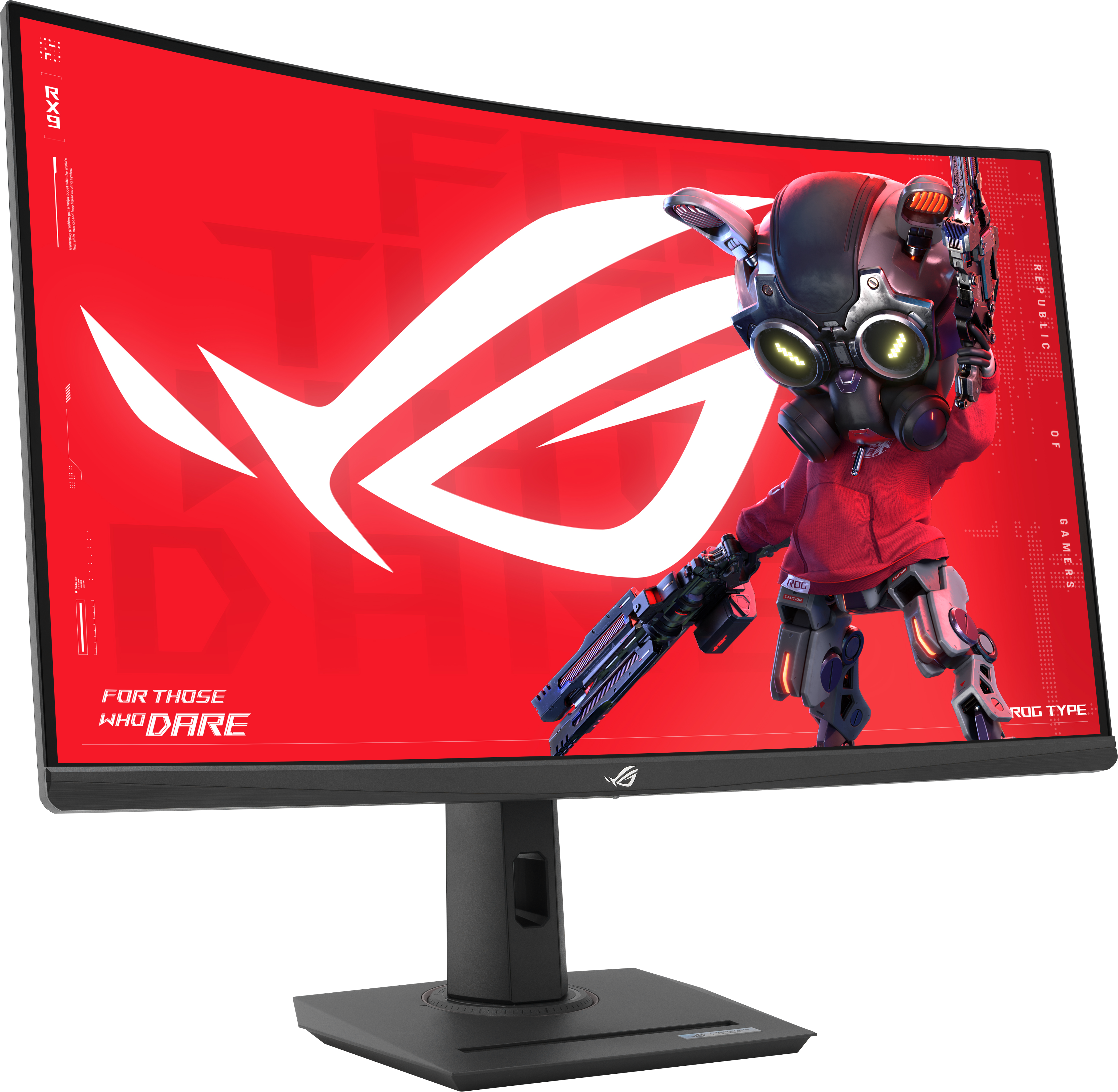 Ein gebogener Gaming-Monitor zeigt einen Roboter mit einer Waffe vor rotem Hintergrund mit ROG-Logo.
