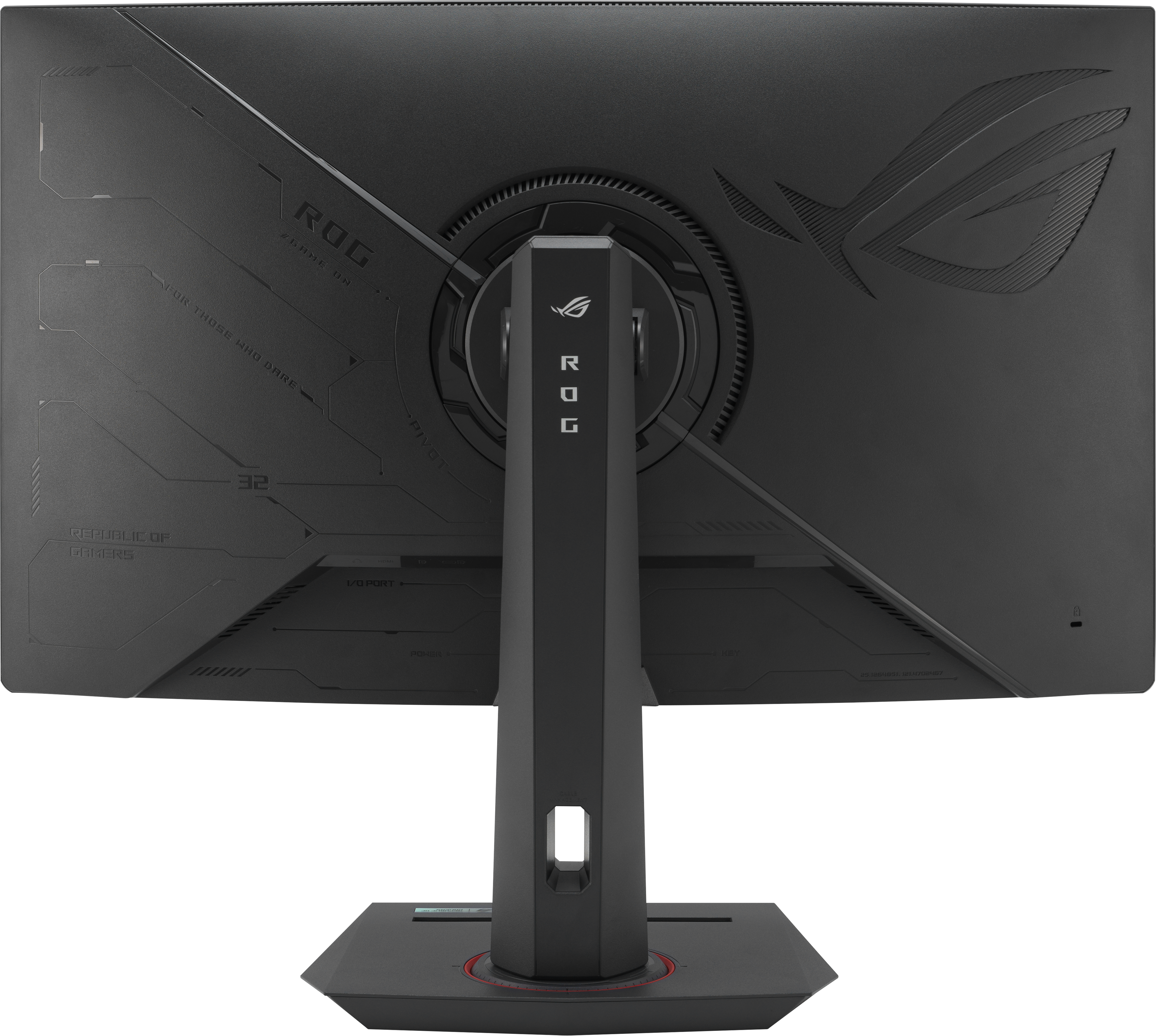 Schwarze Computermonitor-Rückseite mit Ständer. Mit ROG-Logo, Text und Designelementen. Der Ständer ist schwarz mit rechteckiger Basis.