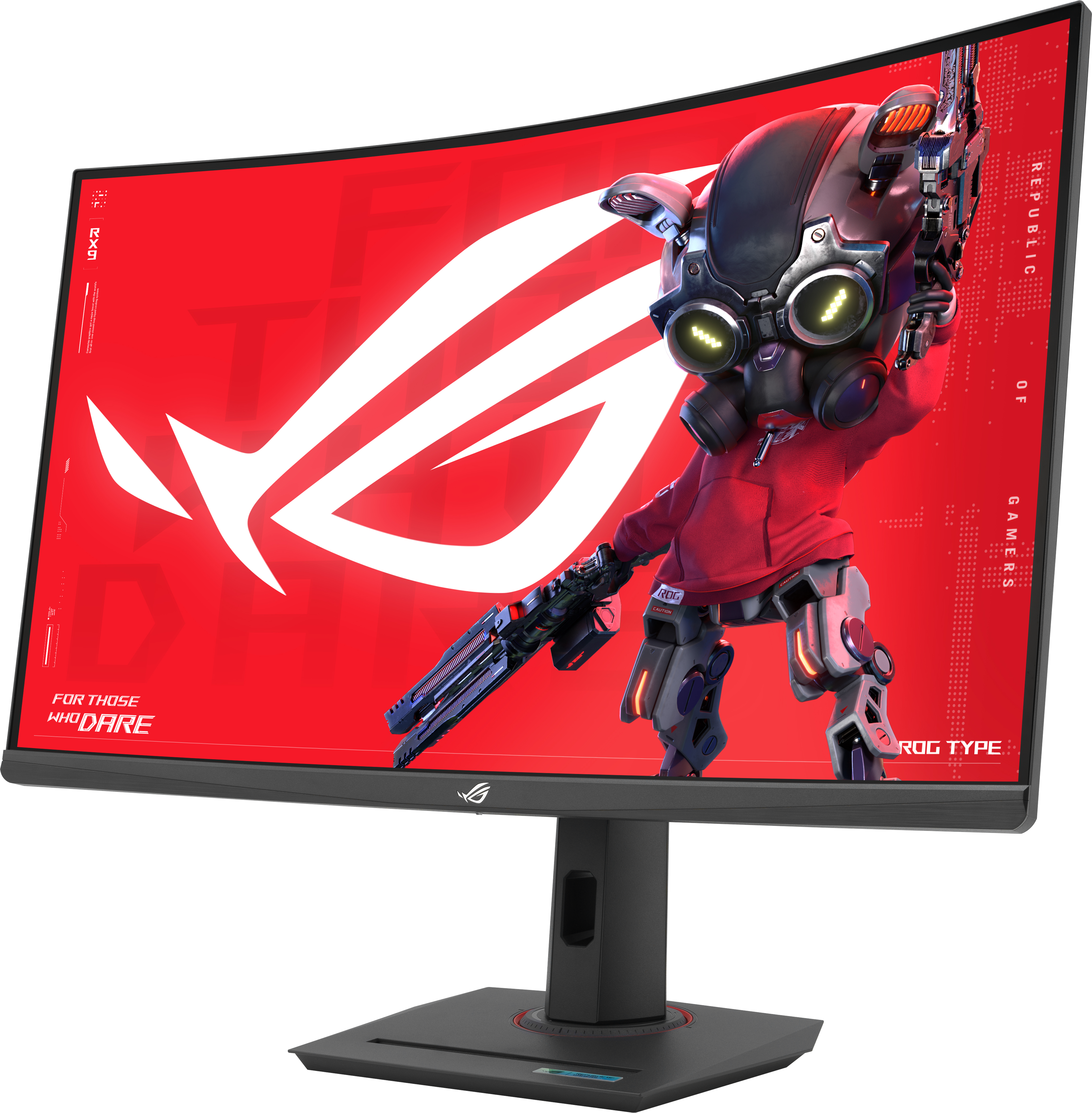 Gebogener Gaming-Monitor mit rotem Bildschirm, der einen Roboter mit einer Waffe zeigt. Der Monitor hat einen schwarzen Rahmen.