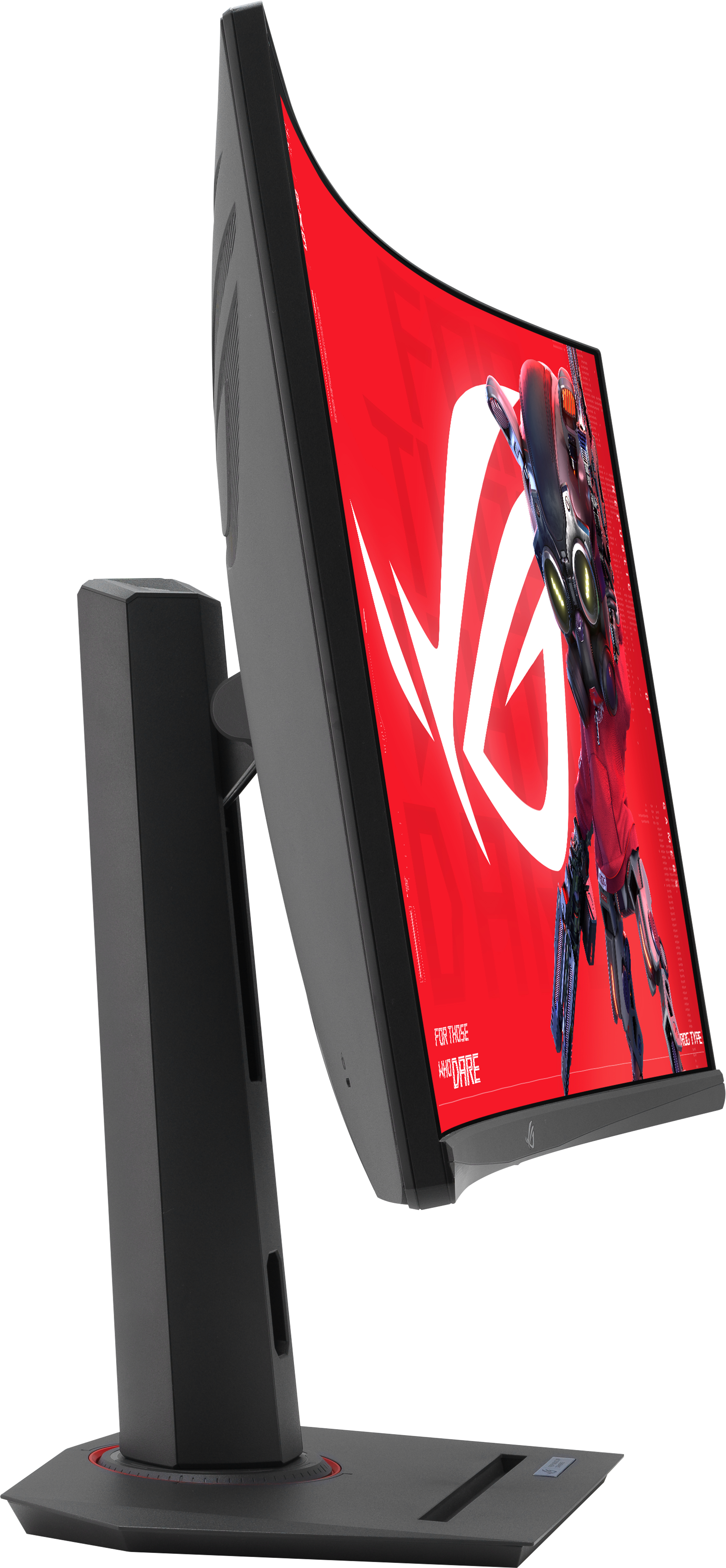 Gebogener Gaming-Monitor auf schwarzem Hintergrund. Roter Bildschirm zeigt Roboter mit weißem ROG-Logo. Der Monitor ist schwarz und grau.