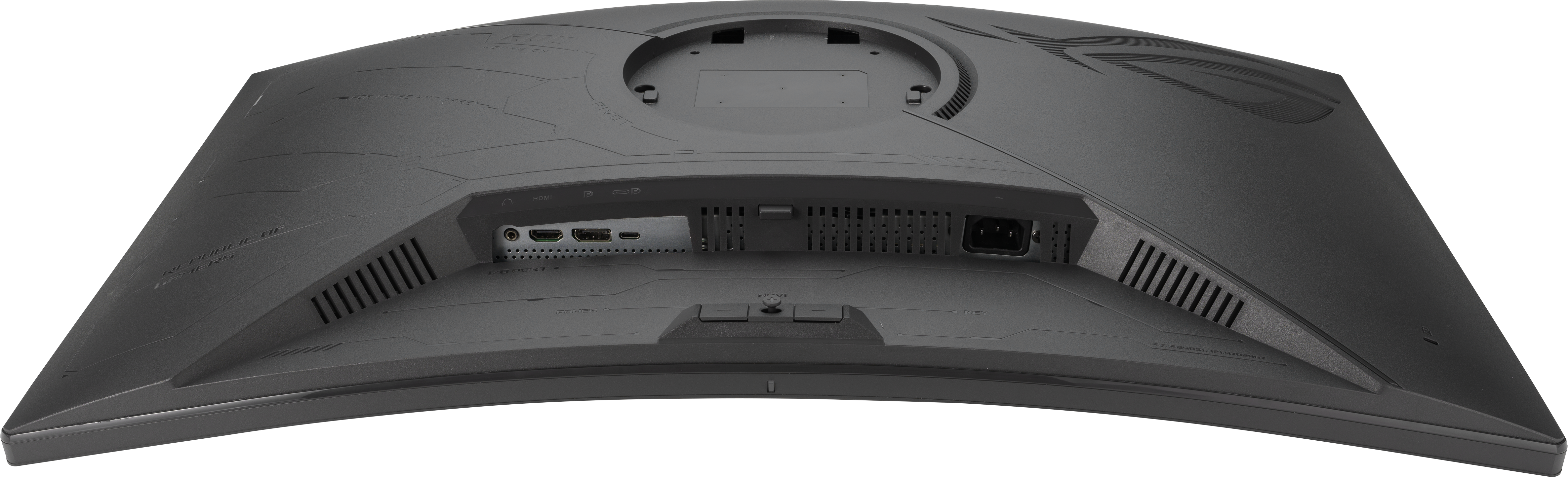 Rückseite eines gekrümmten Monitors. Er hat einen Stromanschluss, HDMI und andere Anschlüsse. Graue Farbe mit ROG-Branding.
