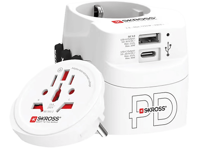 Skross Adapter Pro Light Met Ground Plugs + 1 Usb-c Wit (1.3024730