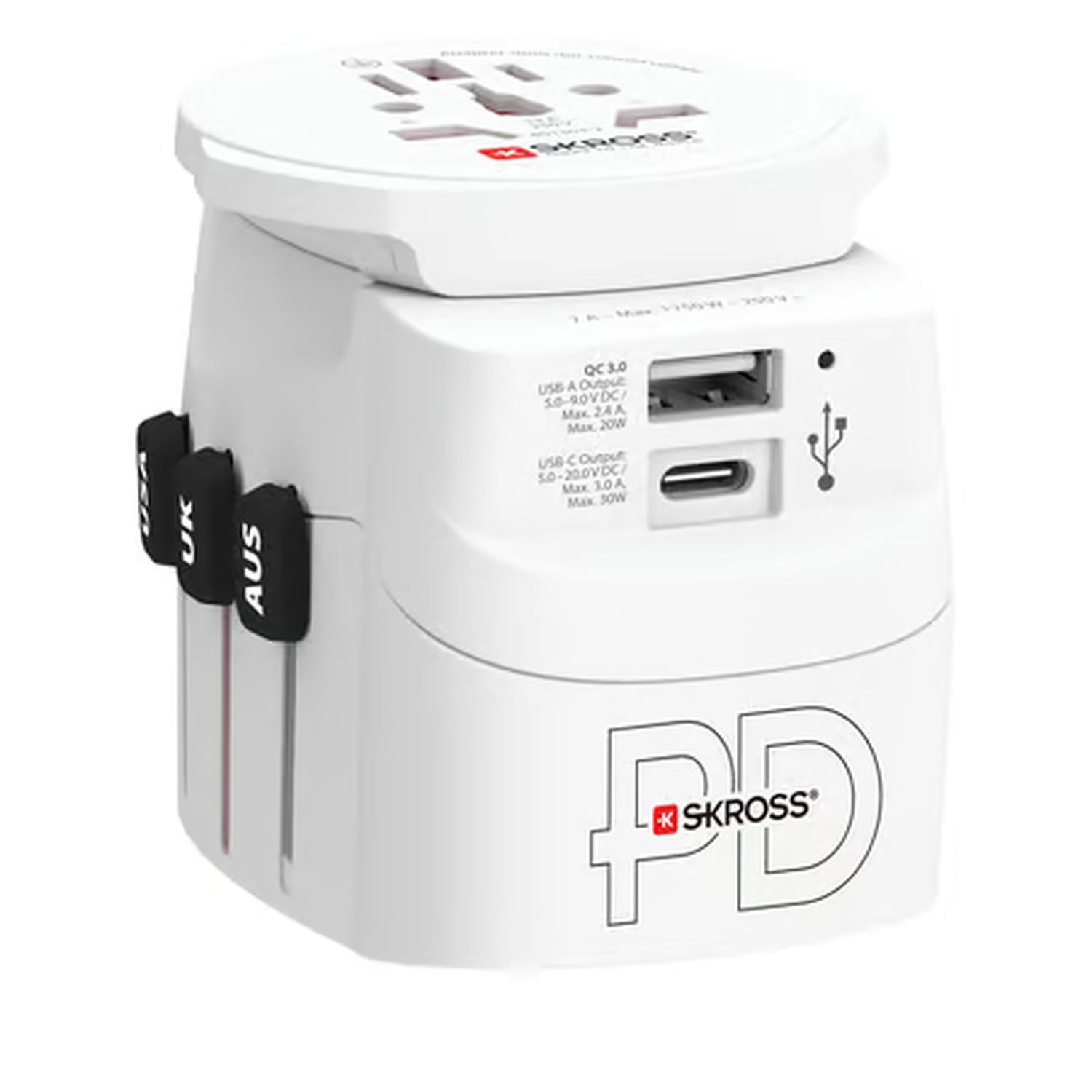 White travel adapter with multiple plug types. It has USB and USB-C ports for charging.
