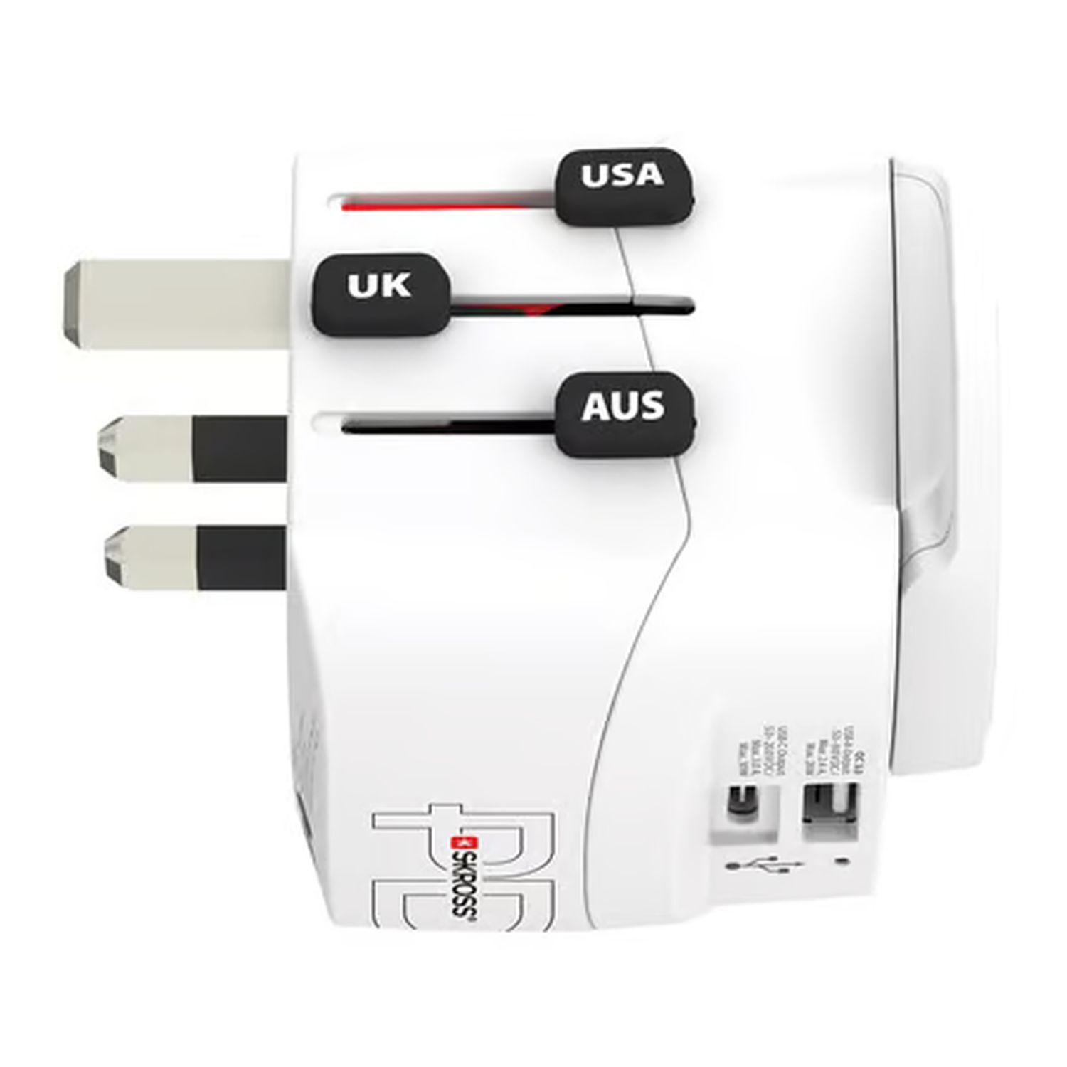 White universal travel adapter with USA, UK, and AUS settings. USB ports.