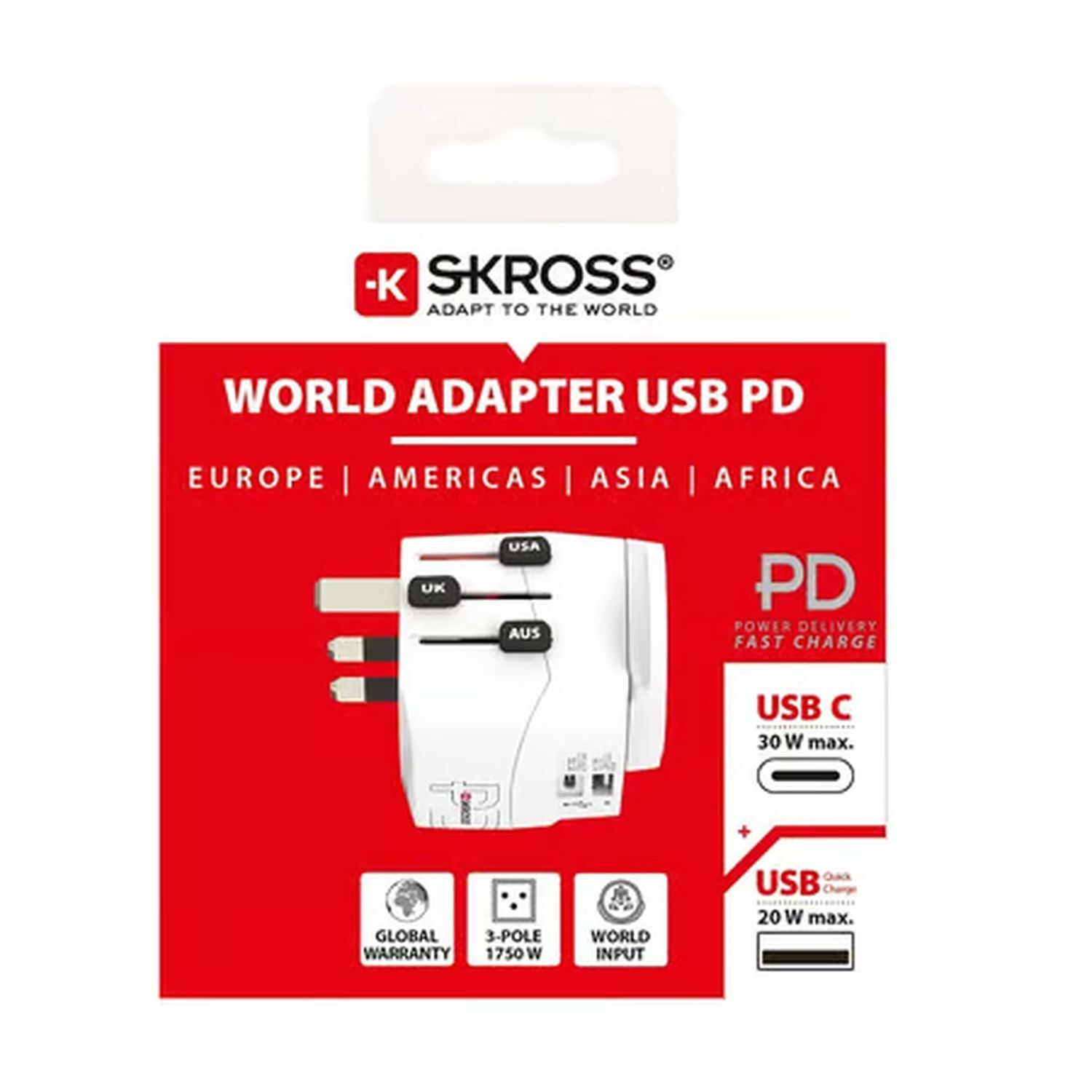 World adapter USB PD in a red box. It says Europe, Americas, Asia, and Africa.