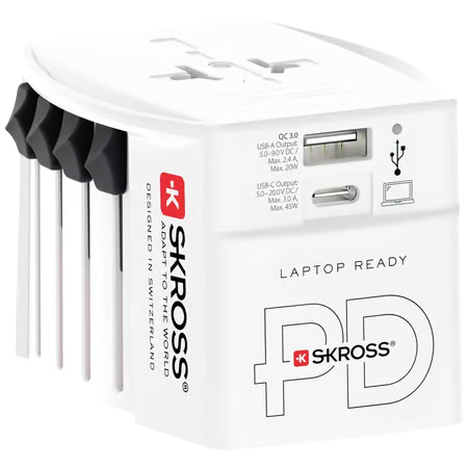 Witte reisadapter met meerdere stekker types en USB-poorten. 'Laptop Ready' en 'SKROSS'.