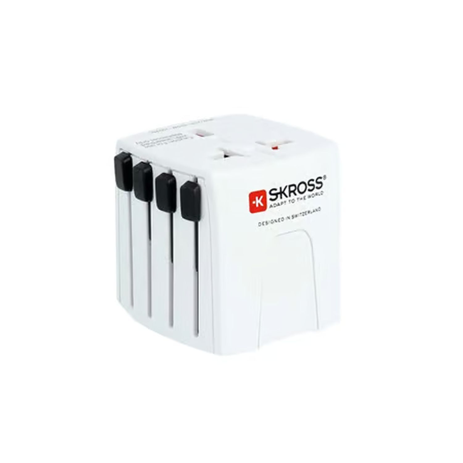 Een witte reisadapter met meerdere stekkerconfiguraties, met een rood merklogo en zwarte schuifregelaars.