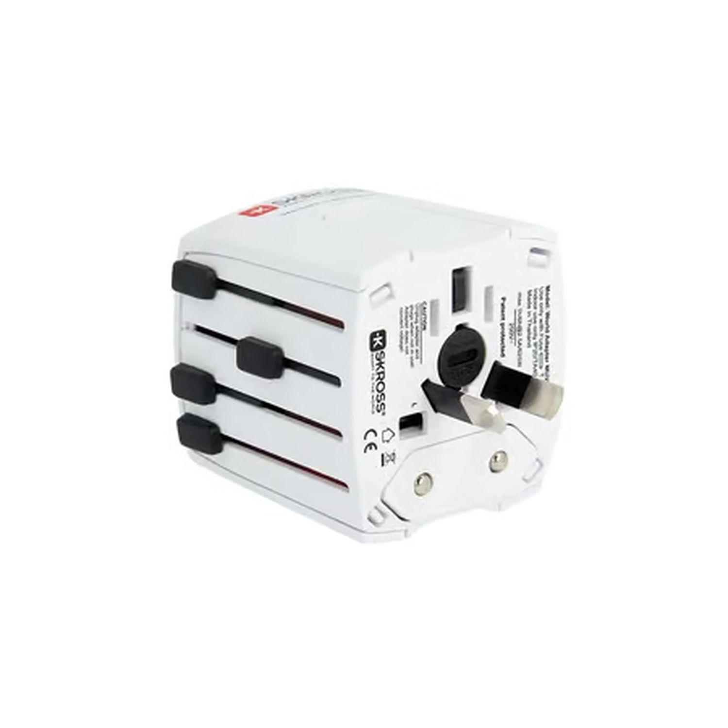 Witte reisadapter met meerdere stekkers en een zwarte knop.