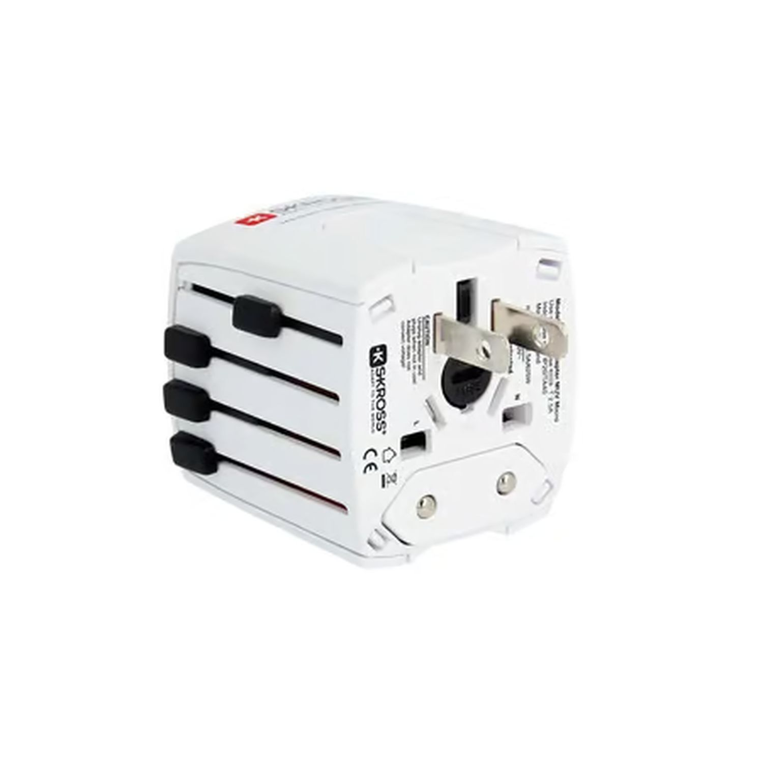 Witte universele reisadapter met zwarte schuifregelaars en een stekker. KSKROSS-logo zichtbaar.