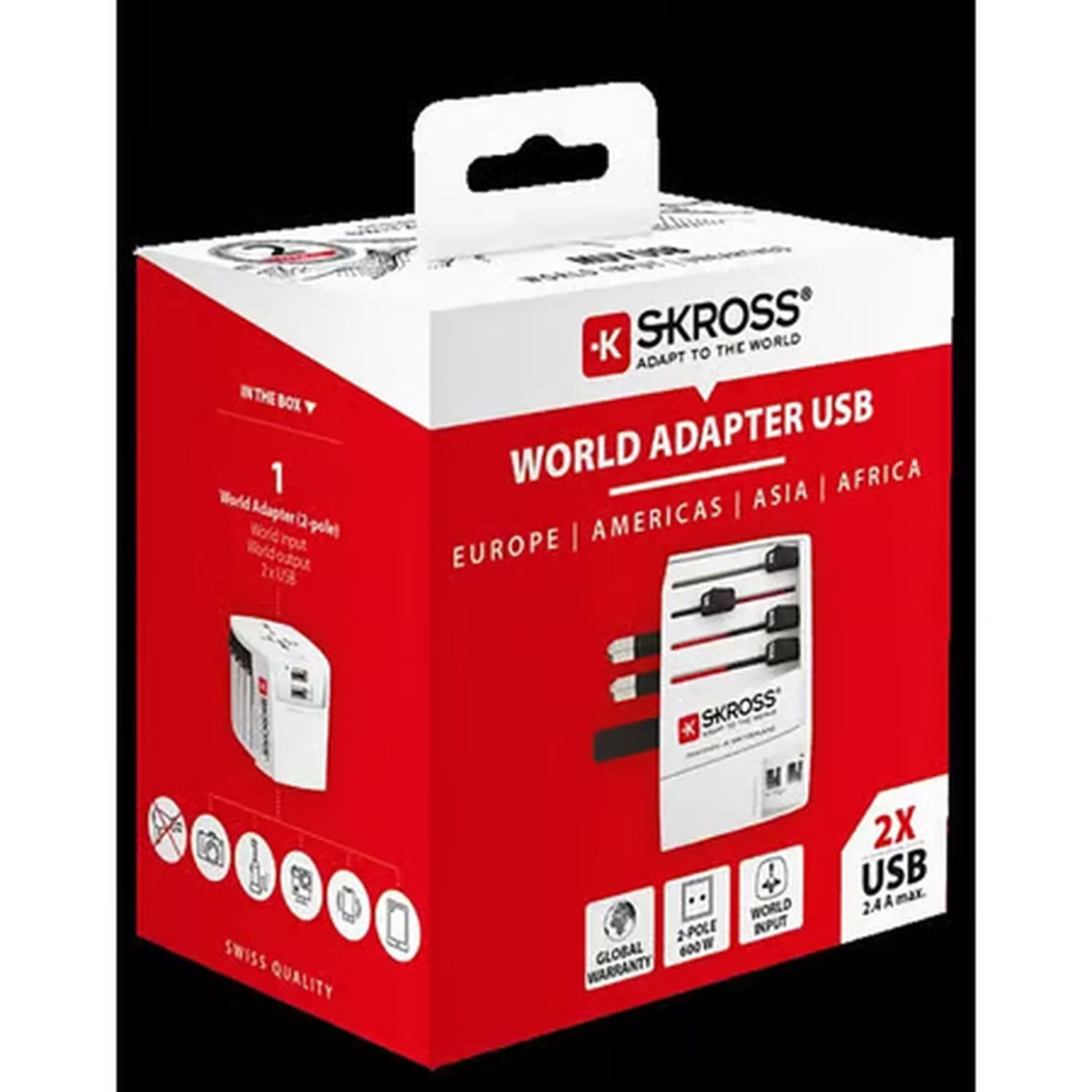Wereldadapterbox, rood en wit. Tekst en afbeeldingen van reisadapterfuncties zijn zichtbaar.