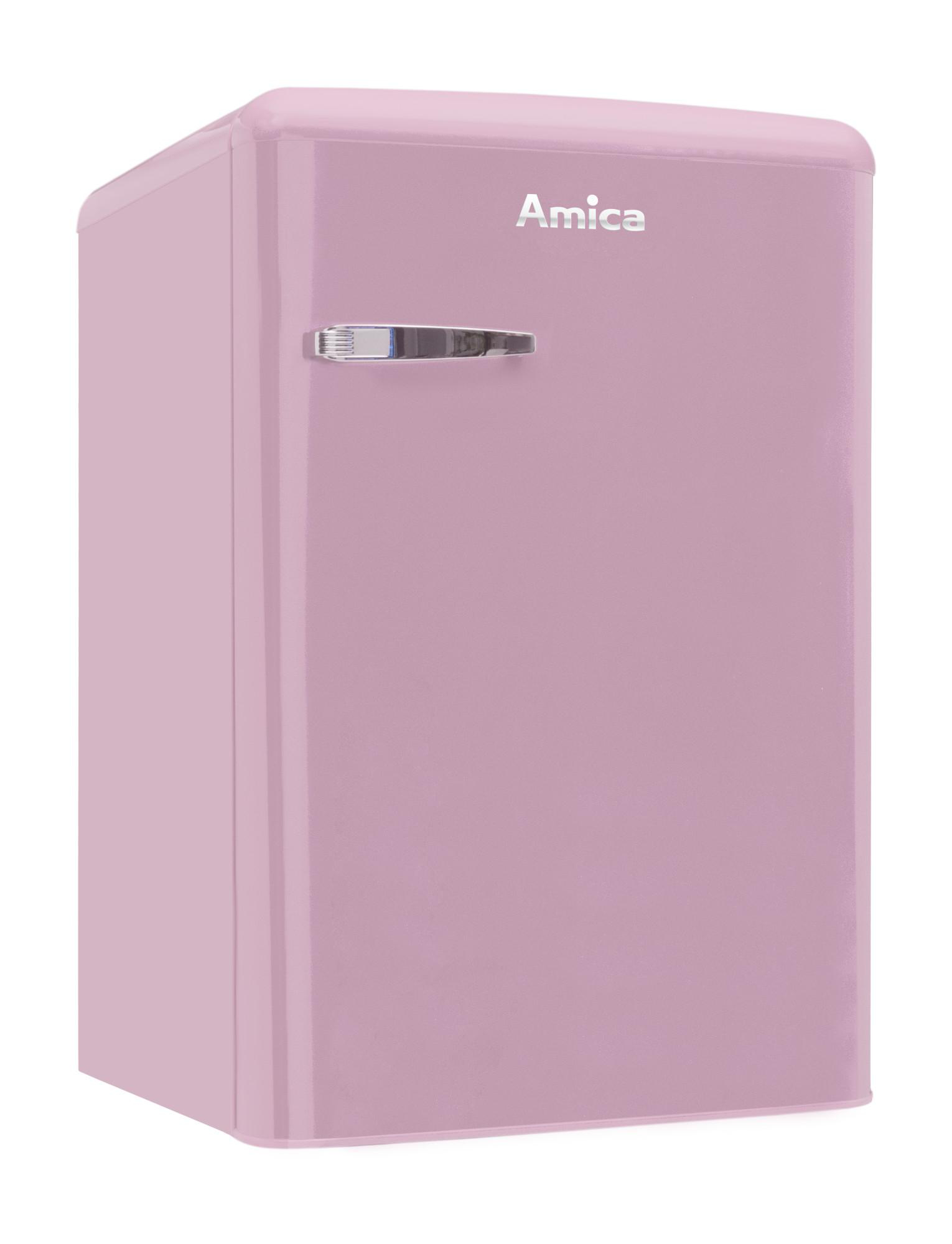 Ein rosa Kühlschrank im Retro-Stil von Amica mit silbernem Griff und Tür.