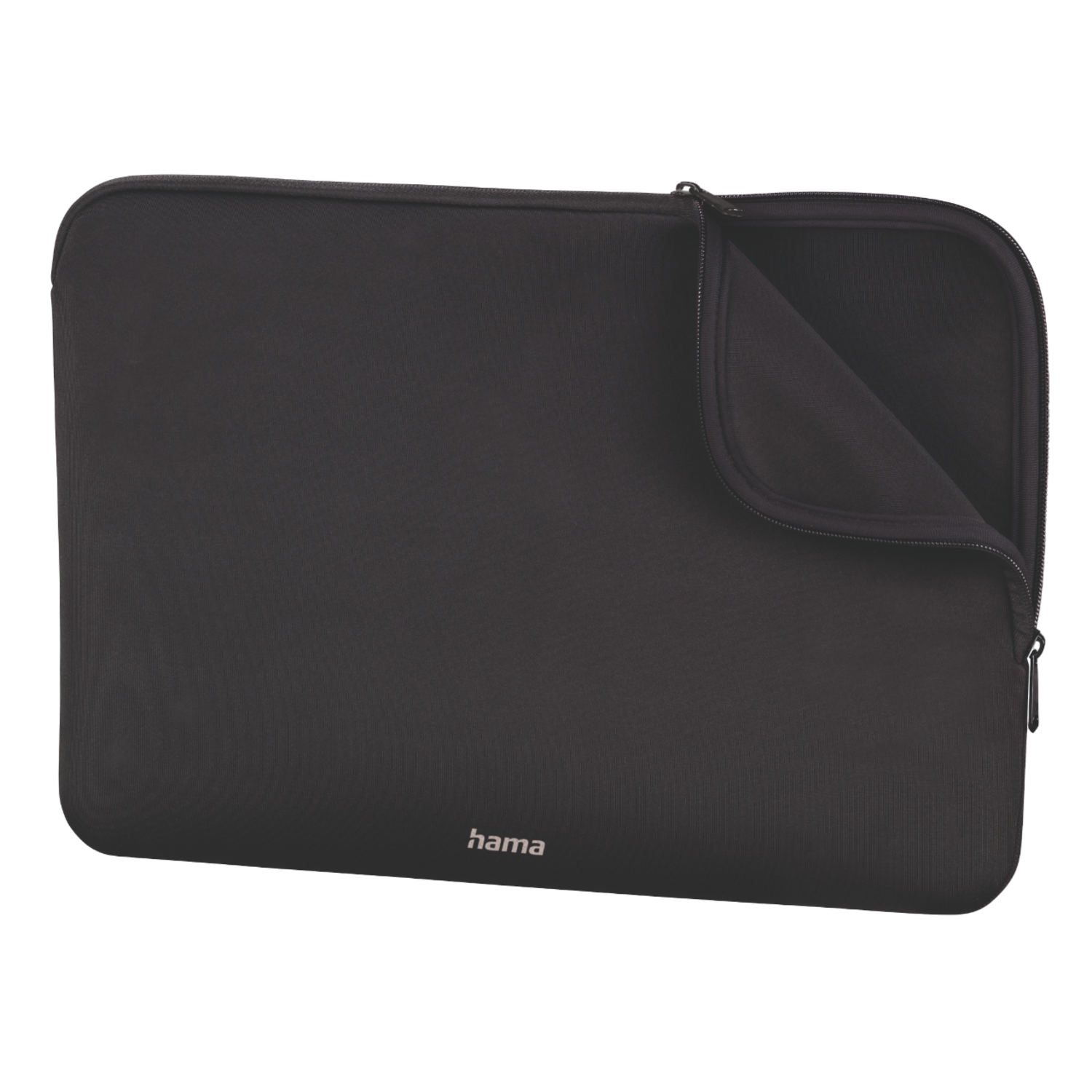 Zwarte laptoptas met rits, merknaam "hama" onderaan.