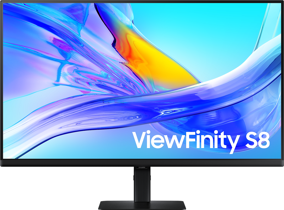 Samsung ViewFinity S8 monitor. Zwarte lijst, witte tekst, lichtblauwe en witte gradiënt achtergrond.
