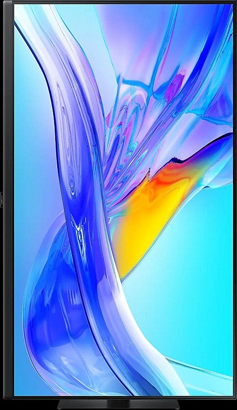 Een groot scherm met een kleurrijke abstracte afbeelding; zwart frame.