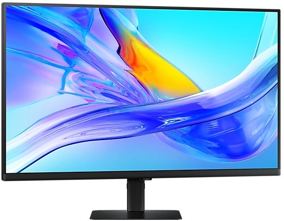 Een computermonitor toont een kleurrijke afbeelding op een zwarte standaard. Het scherm is omgeven door een zwarte rand.