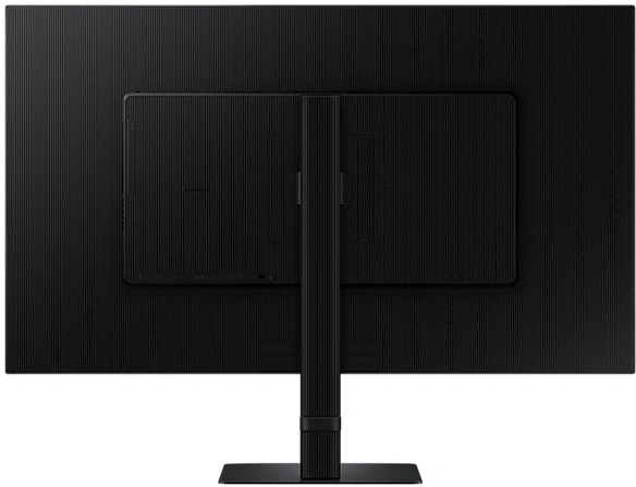 Zwarte monitorachterkant met standaard, kolom en rechthoekig display.