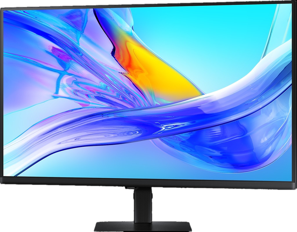 Zwarte monitor met een gebogen scherm en standaard. Abstracte afbeelding op het scherm.