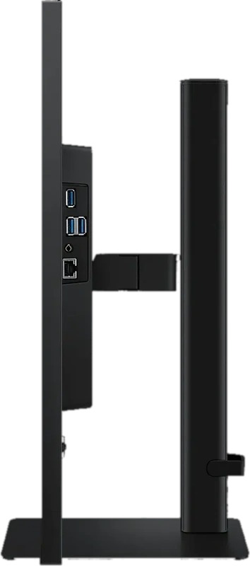 Zijkant van een zwarte computermonitor met poorten aan de zijkant en een standaard. De monitor staat uit.