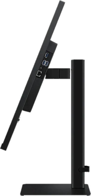 Zwarte computermonitor, zijaanzicht. Poorten en standaard zichtbaar, iets gekanteld, donkere omgeving.