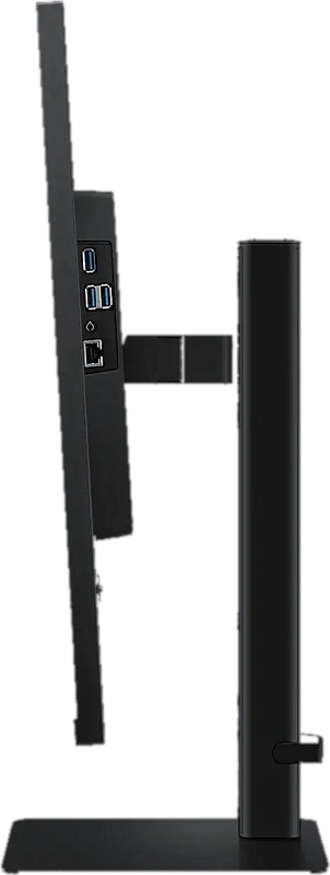 Een zwarte computermonitor van opzij. Poorten en een standaard zijn zichtbaar.