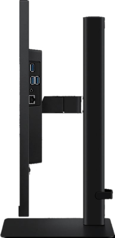 Profil latéral d'un moniteur d'ordinateur noir montrant les ports et un support. Le moniteur est éteint.
