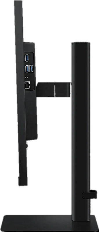 Vue latérale d'un moniteur d'ordinateur noir sur un support.